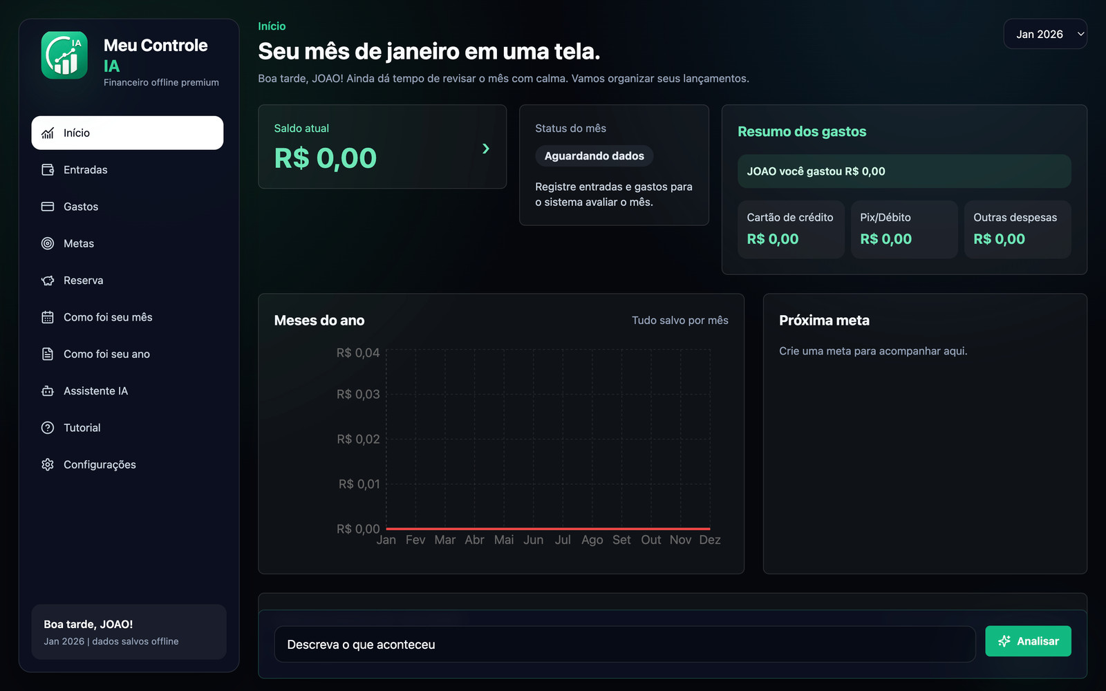 Tela inicial zerada pronta para preencher dados do zero