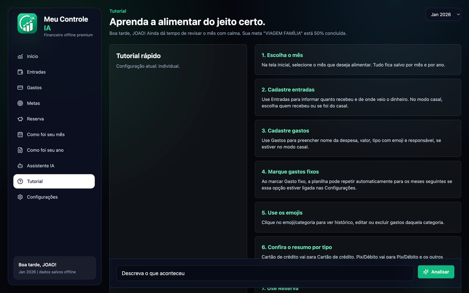 Aba tutorial explicando como alimentar o programa corretamente